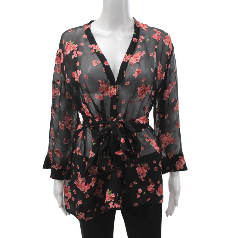 Alice + Olivia Womens Black Kimono Floral Blouse V-Neck Tie Size S